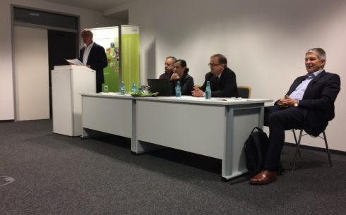 Panel discussion participants Matthias Middell, Miloš Řezník, Sandra Dahlke, Dietmar Wulff, and Frank Hadler